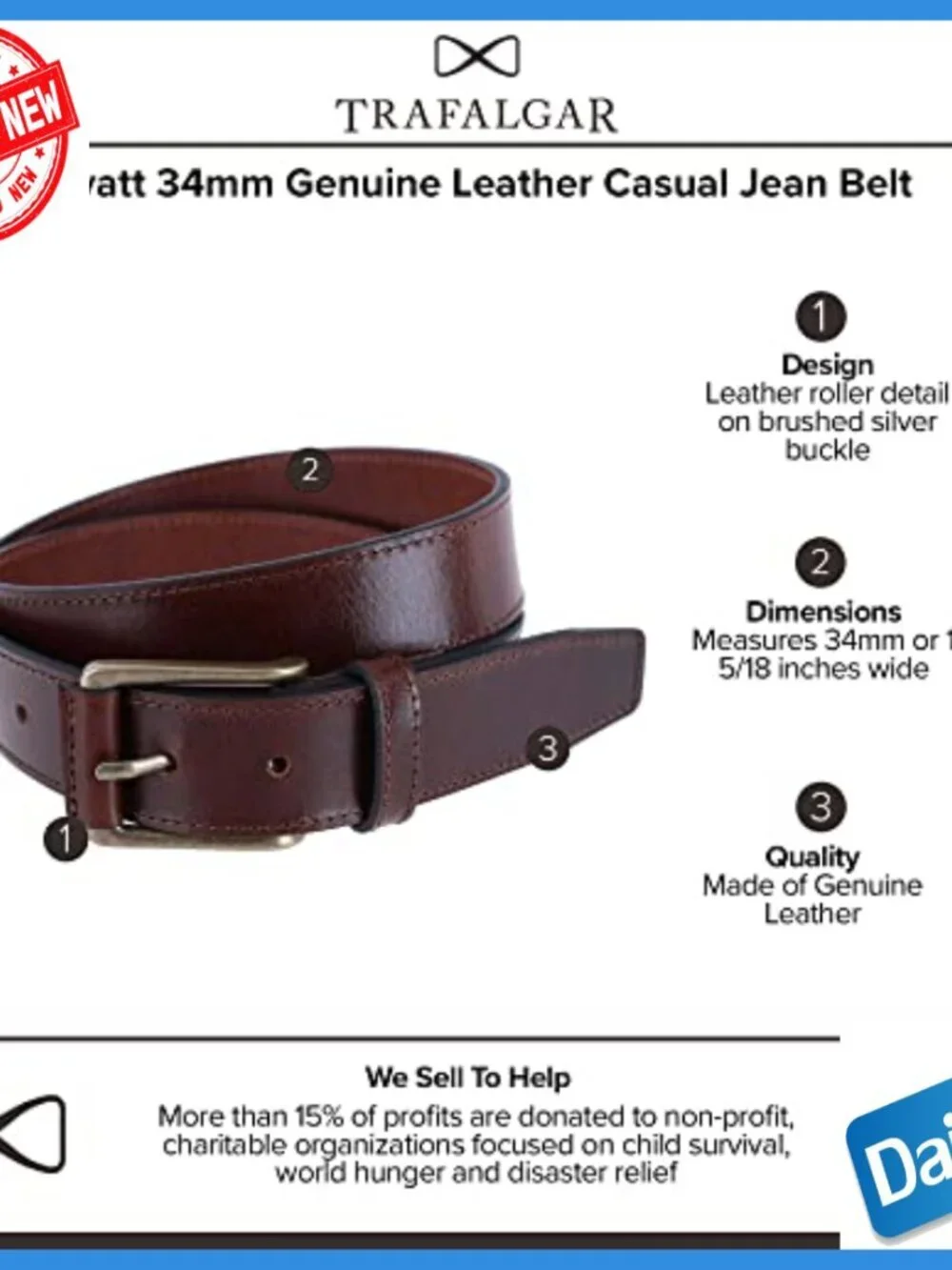 Men's Genuine Leather Casual Belt 35mm Wide Size 36